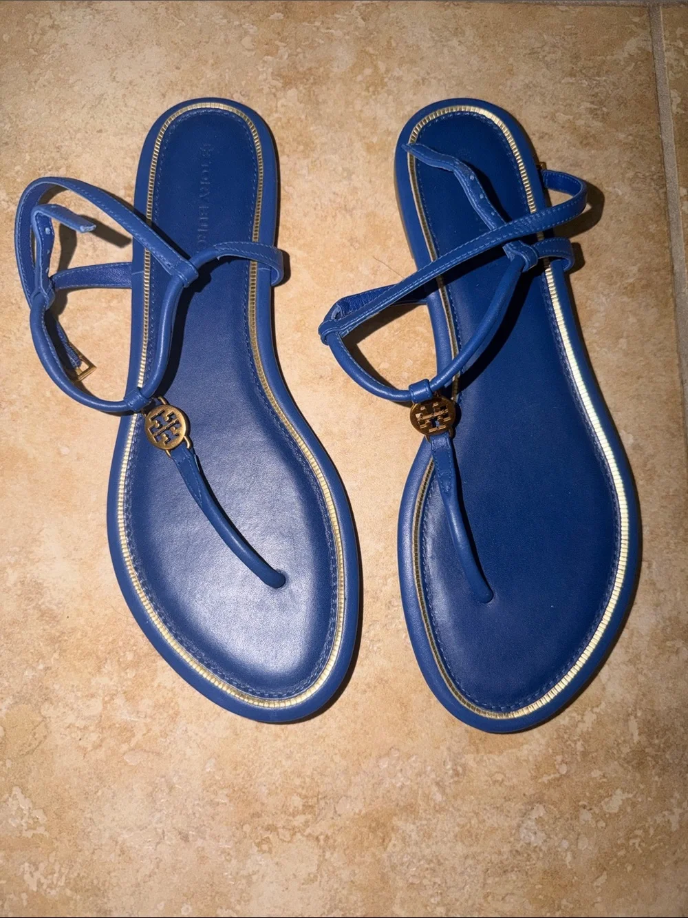 Tory Burch Navy Leather Logo T-Strap Sandals with Gold Accent